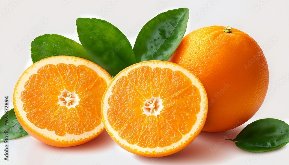 A close photo of two fresh oranges with two leaves and some pieces of sliced orange on a white background A close photo of two fresh oranges with two leaves and some pieces of sliced orange on a white background