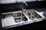 a close up stainless steel shiny perfectly clean kitchen sink with a tap. Generative AI