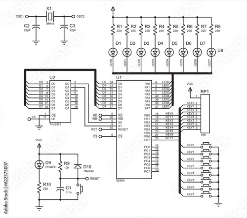 Vector electrical schematic diagram of a digital
electronic device with led indicators.  Technical (engineering) drawing.