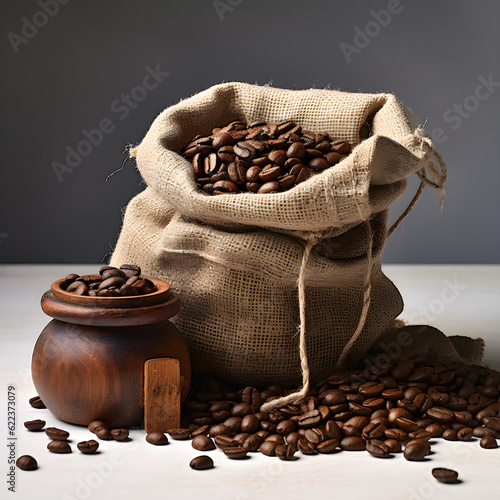 Fresh old sack of coffee grains and gray old wall background