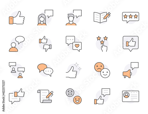 Feedback line icon set. Customer service, user experience, like thimbs up, star rating, dialog minimal vector illustration. Simple outline sign for review app ui. Orange Color, Editable Stroke