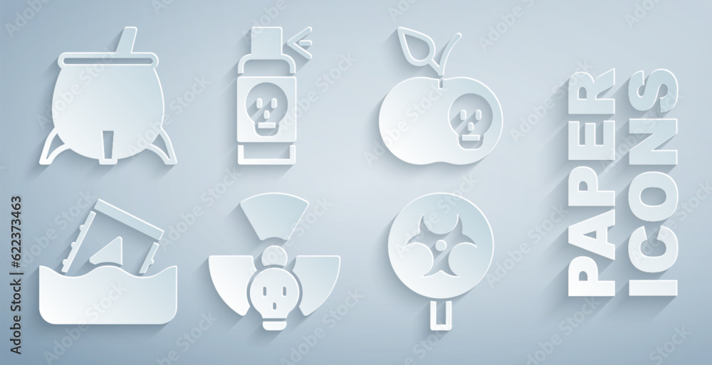Set Radioactive, Poison apple, waste in barrel, Biohazard symbol, Spray against insects and Witch cauldron icon. Vector Set Radioactive, Poison apple, waste in barrel, Biohazard symbol, Spray against insects and Witch cauldron icon. Vector