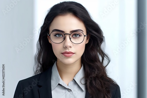 Indian businesswoman with glasses standing confidently looking forward. Indian corporate woman in suit with office background. Friendly and attractive. Created with Generative Ai Technology