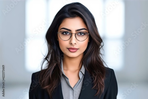 Indian businesswoman with glasses standing confidently looking forward, Indian corporate woman in suit with office background. created with Generative Ai Technology