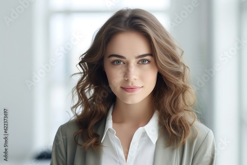 Corporate woman with long hair in suit standing at the office, confident look and professional, created with Generative Ai Technology