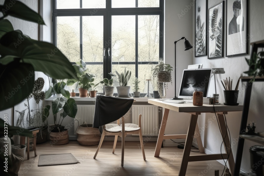 An office with a window and posters in a light home has a grey chair at the desk with a plant. real picture. Generative AI An office with a window and posters in a light home has a grey chair at the desk with a plant. real picture. Generative AI
