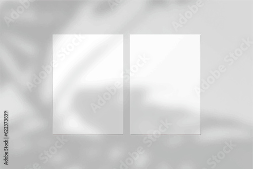 Two Blank Mockup A4 Paper Leaflet, Flyer, Broadsheet, Follicle, Presentation with Leaf Shadow overlay. 3D Vector Illustration Isolated On White Background.