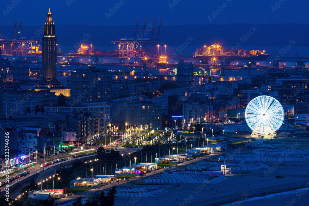 Panorama of Le Havre at night. Le Havre, Normandy, France.