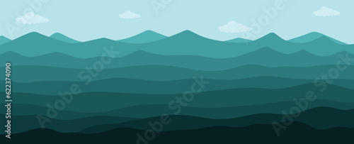 Vector Panoramic view natural landscape with mountains, hills, blue sky and clouds. Minimal horizontal background. Abstract modern and stylized flat vector illustration 