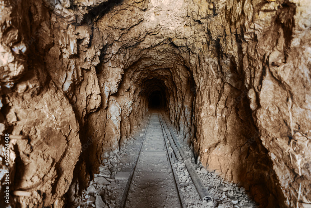 View inside an scary abandoned gold mine tunnel in Southern California.