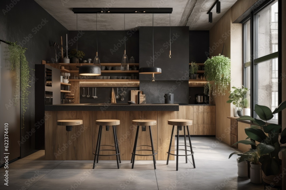 Black cabinets and consoles with built in cooktops, a balcony, and a concrete floor make up the inside of a concrete kitchen. a wooden bar stool and a bar stand. a mockup. Generative AI