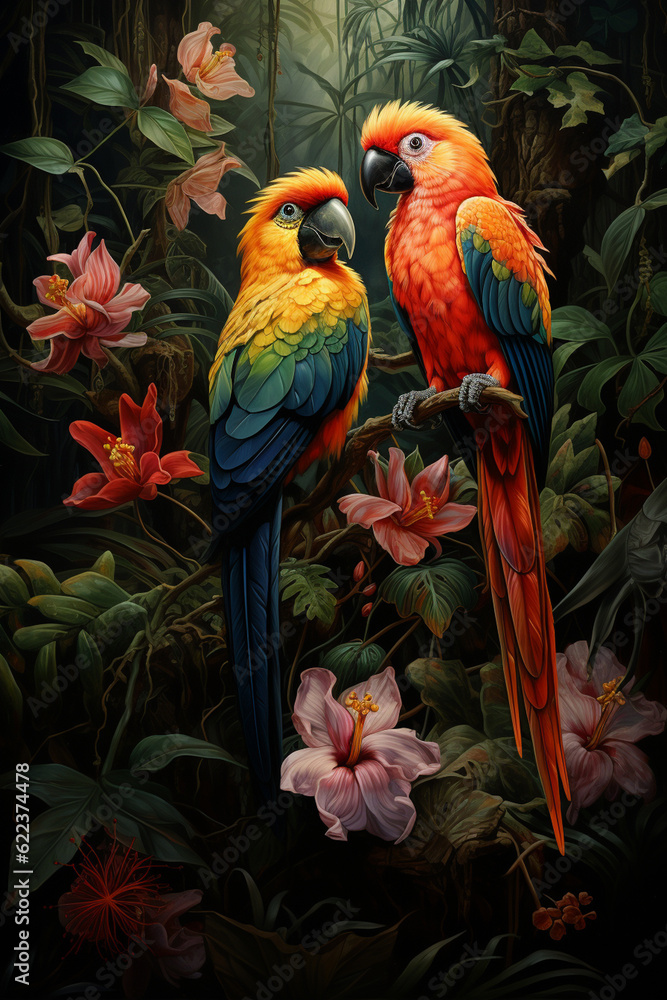 Obraz premium Colorful and playful parrots in tropical forest