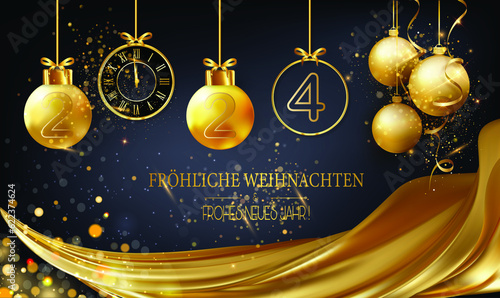 Karte oder Banner, um frohe Weihnachten und ein glückliches neues Jahr 2024 in Gold zu wünschen, mit hängenden Weihnachtskugeln in Goldfarbe, einer Uhr und einem Vorhang auf schwarzem Hintergrund mit 