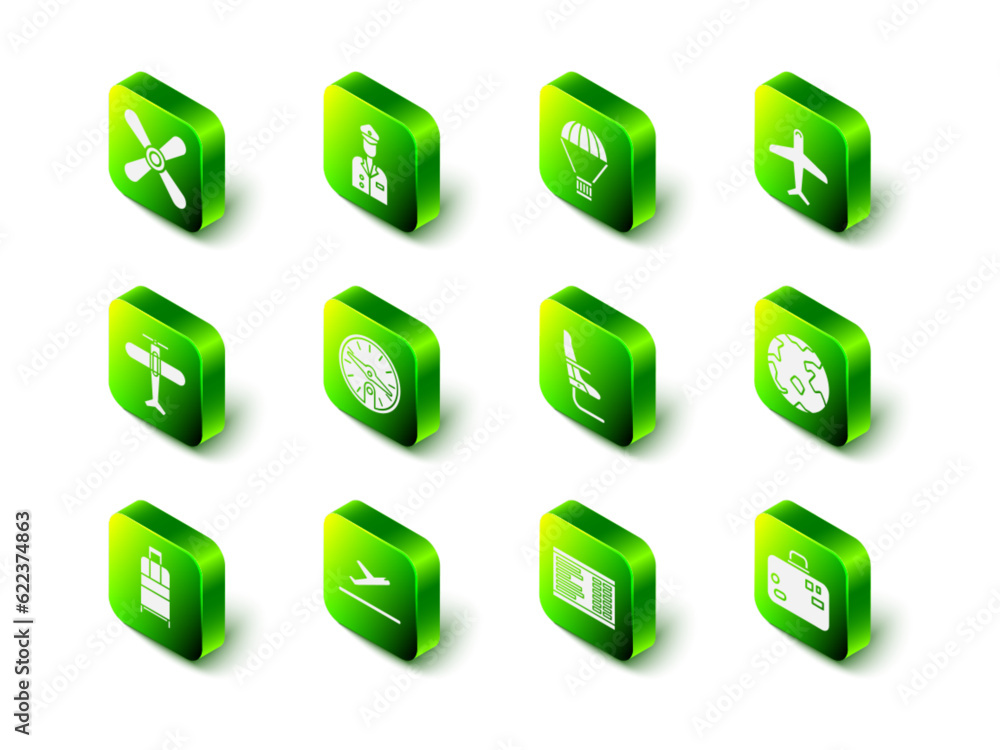 Set Pilot, Box flying on parachute, Plane, Worldwide, Suitcase, Airplane seat, Airport board and takeoff icon. Vector Set Pilot, Box flying on parachute, Plane, Worldwide, Suitcase, Airplane seat, Airport board and takeoff icon. Vector