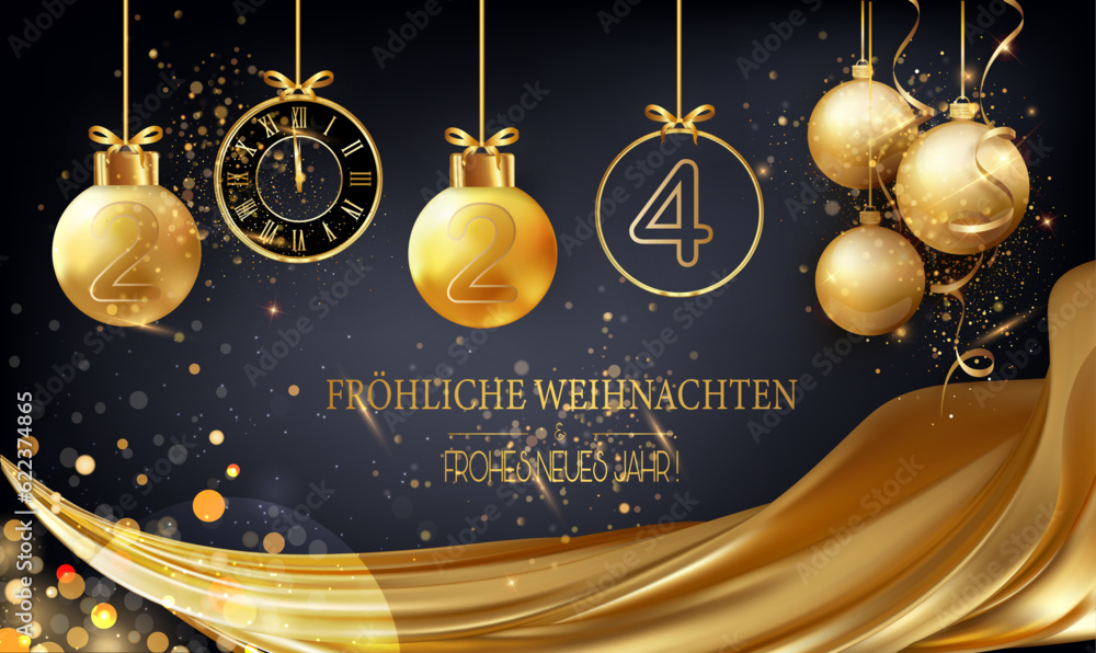 Karte oder Banner, um frohe Weihnachten und ein glückliches neues Jahr 2024 in Gold zu wünschen
