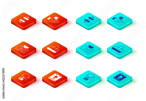 Set Boxing glove, Sport mechanical scoreboard, bag, and Dumbbell icon. Vector