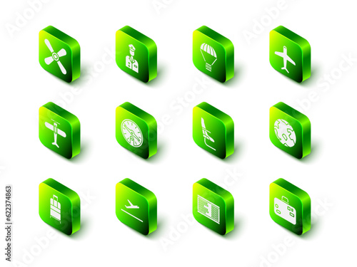 Set Pilot, Box flying on parachute, Plane, Worldwide, Suitcase, Airplane seat, Airport board and takeoff icon. Vector