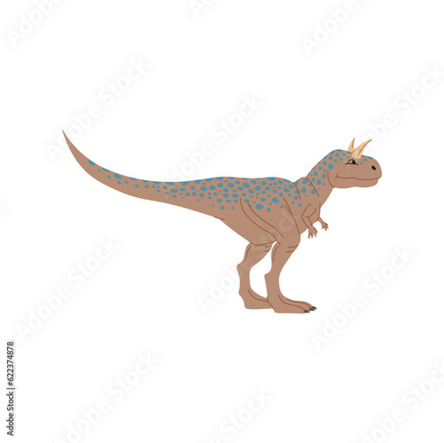 Carnotaurus theropod spotted dinosaur animal character  funny baby dino kids toy. Vector big lizard  Tyrannosaurus childish dinosaur