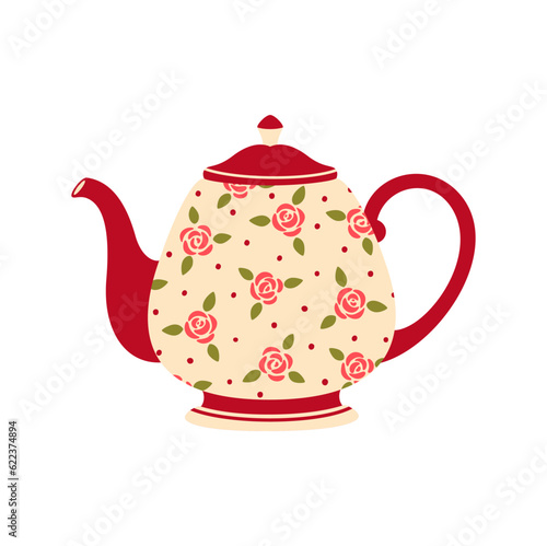 Chinese kettle with floral print with tea or coffee, porcelain pot with decorative flowers. Vector tea-kettle pottery utensil, chinese dishware item