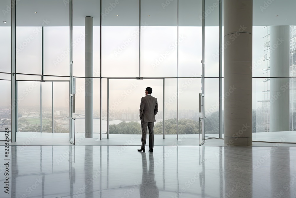 Fototapeta premium A man in suit standing in front of a large window, created with Generative Ai Technology