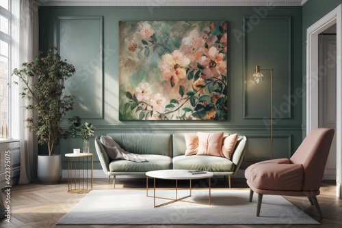 Beautiful living room interior with contemporary furnishings and mullioned walls. Generative AI photo