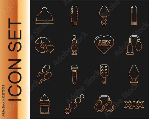 Set line Sex shop, Anal plug, Penis pump, beads, Adult label on compact disc, Condom and Heart with text icon. Vector