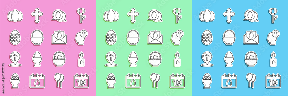 Set line Calendar with Happy Easter, Burning candle, Human head christian cross, Speech bubble easter egg, Basket, eggs and Greeting card icon. Vector Set line Calendar with Happy Easter, Burning candle, Human head christian cross, Speech bubble easter egg, Basket, eggs and Greeting card icon. Vector