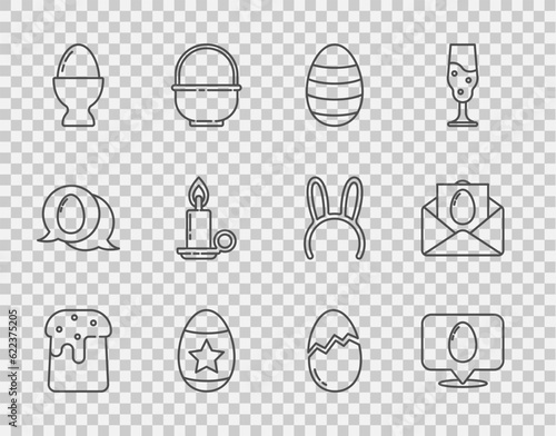 Set line Easter cake, Speech bubble with easter egg, on stand, Burning candle in candlestick, Broken and Greeting card Happy icon. Vector