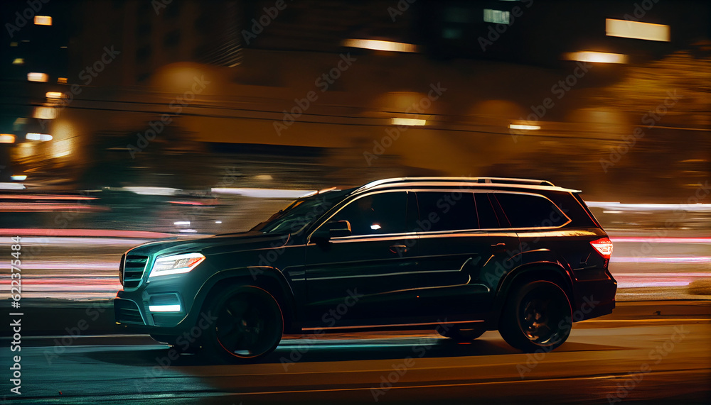 A SUV rushes at high speed through the streets of the night city. Copy space Ai generated image A SUV rushes at high speed through the streets of the night city. Copy space Ai generated image