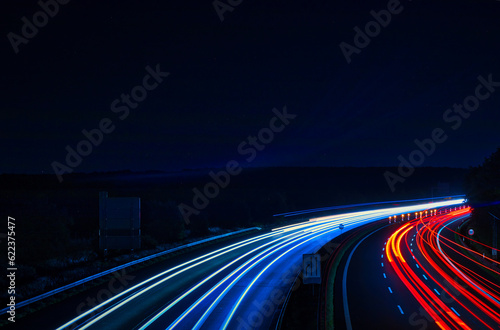 Traffic on the Highway - Travel - Background - Line - Ecology - Long Exposure - Motorway - Night Traffic - Light Trails - High Quality Photo