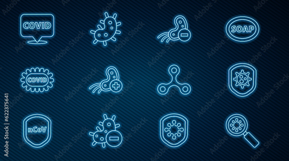Set line Virus under magnifying glass, Shield protecting from virus, Negative, Positive, Corona covid-19, location, and icon. Vector