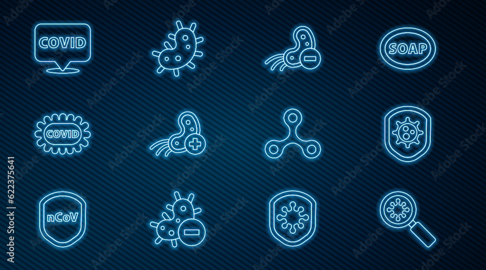 Set line Virus under magnifying glass, Shield protecting from virus, Negative, Positive, Corona covid-19, location, and icon. Vector Set line Virus under magnifying glass, Shield protecting from virus, Negative, Positive, Corona covid-19, location, and icon. Vector