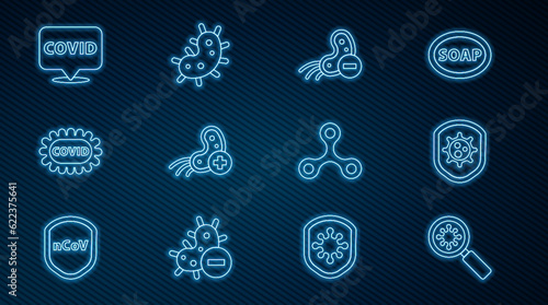 Set line Virus under magnifying glass, Shield protecting from virus, Negative, Positive, Corona covid-19, location, and icon. Vector
