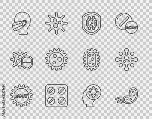 Set line Corona virus 2019-nCoV, Virus, Shield protecting from, Pills blister pack, Face medical protective mask, Human and and icon. Vector