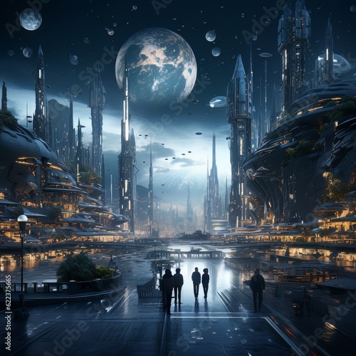 Future city 3D scene. Futuristic cityscape creative concept illustration with fantastic skyscrapers, towers, tall buildings, flying vehicles. Sci fi metropolis town panorama at sunny day background photo