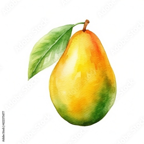 Fresh Organic Mango Fruit Background, Square Watercolor Illustration. Healthy Vegetarian Diet. Ai Generated Soft Colored Watercolor Illustration with Delicious Juicy Mango Fruit. photo