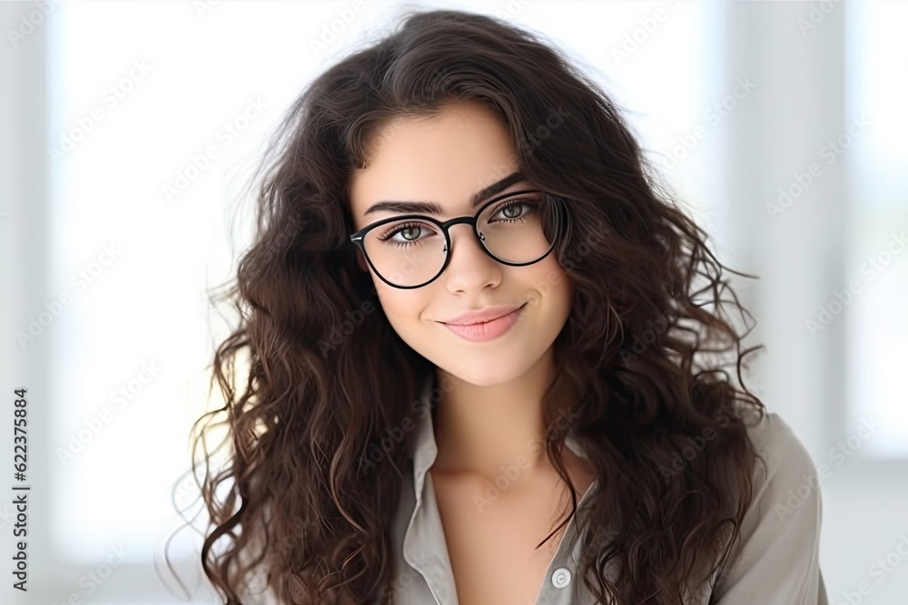 Obraz premium Corporate woman wearing glasses standing at the office, smiling friendly and confident in suit, created with Generative Ai Technology