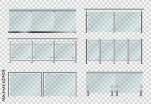 Glass fence, banister, realistic balustrade rail isolated 3d vector set. Architectural plexiglass guardrail for balcony or office terrace mockup, transparent partition with metal poles front view