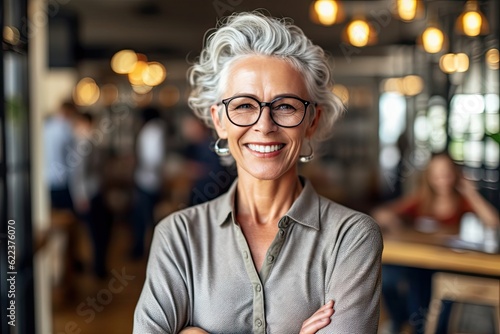 An elderly woman with glasses smiling at the camera, elderly businesswoman with glasses concept, created with Generative Ai Technology