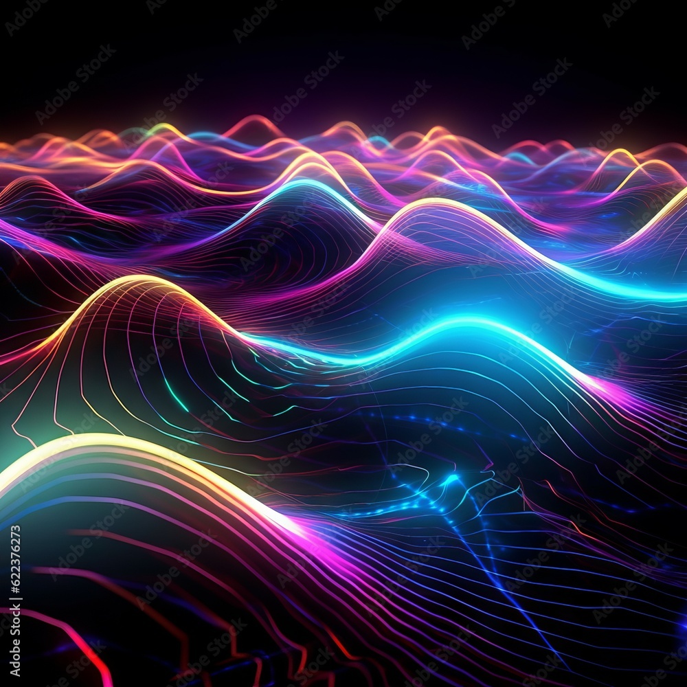 Abstract 3d rendering of colorful waves in dark space. Abstract background with bright waves on a black background. Bright colorful soundwave pattern. Multicolored art of wavy patterns.. Abstract 3d rendering of colorful waves in dark space. Abstract background with bright waves on a black background. Bright colorful soundwave pattern. Multicolored art of wavy patterns..