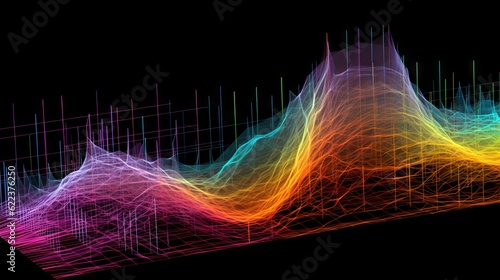 Abstract colorful wavy background. Abstract background with colorful waves, Bright multicolored soundwave pattern on a black background. 3d rendering. Multicolored art of wavy patterns. .