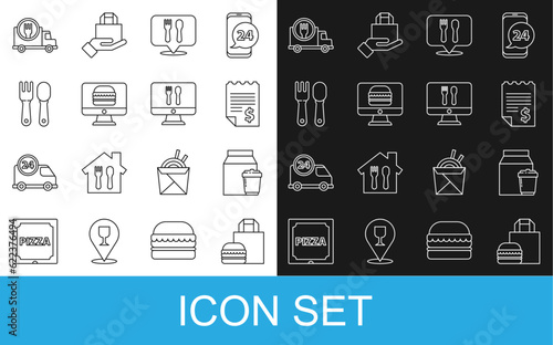 Set line Online ordering burger delivery, and, Paper financial check, Cafe restaurant location, Fork spoon, Fast by car and icon. Vector