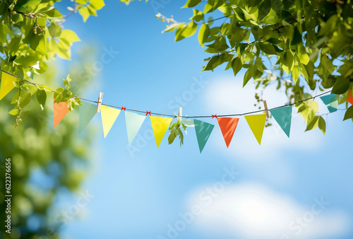 colorful pennant string decoration in green tree foliage on blue sky, summer party background template banner with copy space