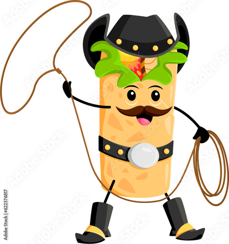 Cartoon burrito cowboy and sheriff, bandit and robber, ranger tex mex mexican food character with lasso. Isolated vector cowpuncher meal personage embodies essence of the Wild West with a spicy twist