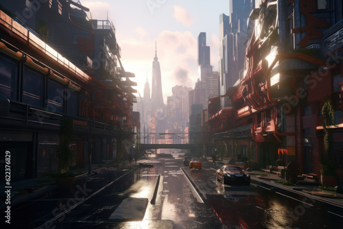 Industrial District of Futuristic City after Rain. Empty Streets of Cyberpunk City. Generative AI.