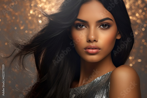 Generative ai studio portrait of beautiful latino brunette young woman on colour backgrounds