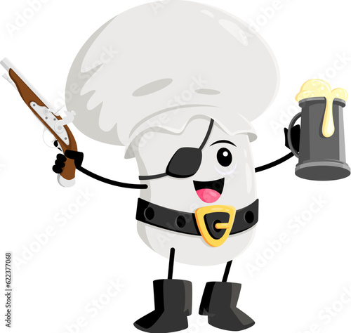 Cartoon champignon mushroom pirate and corsair vegetable character. Isolated vector mischievous fungus personage armed with a beer tankard and gun, ready for a whimsical adventure on land and sea