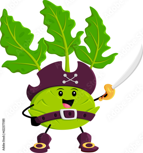 Cartoon kohlrabi pirate and corsair vegetable character. Isolated vector cheerful veggies personage with mischievous smile wear tricorn hat and wielding a sword, ready for a adventure on the high seas