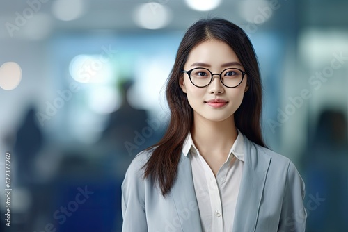 Asia corporate woman wearing glasses standing in front of an office, friendly and professional, created with Generative Ai Technology