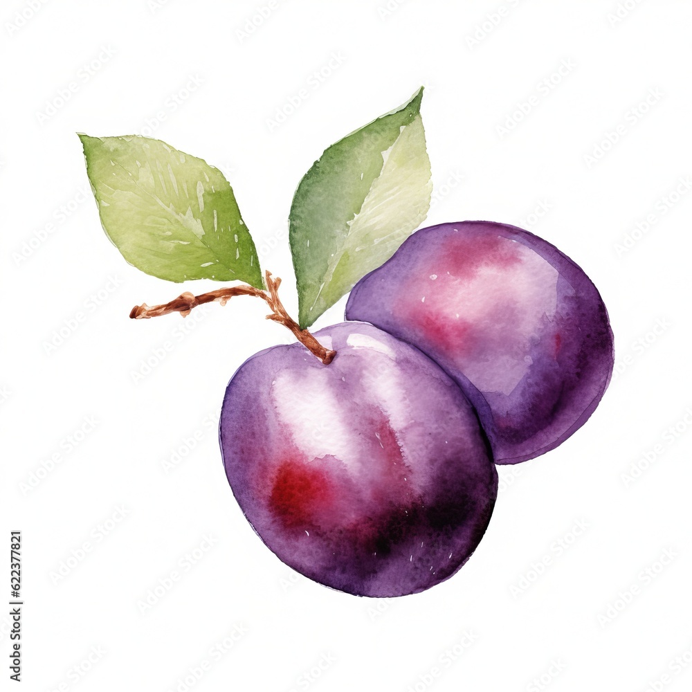 Fresh Organic Plum Fruit Background, Square Watercolor Illustration. Healthy Vegetarian Diet. Ai Generated Soft Colored Watercolor Illustration with Delicious Juicy Plum Fruit.